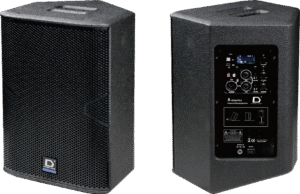 front and back view of a Digmex Audio DMX A-One-Pro powered loudspeaker. The front features a black metal grille with a "D" logo, while the back shows a built-in digital mixer, LCD screen, and various audio input/output ports.