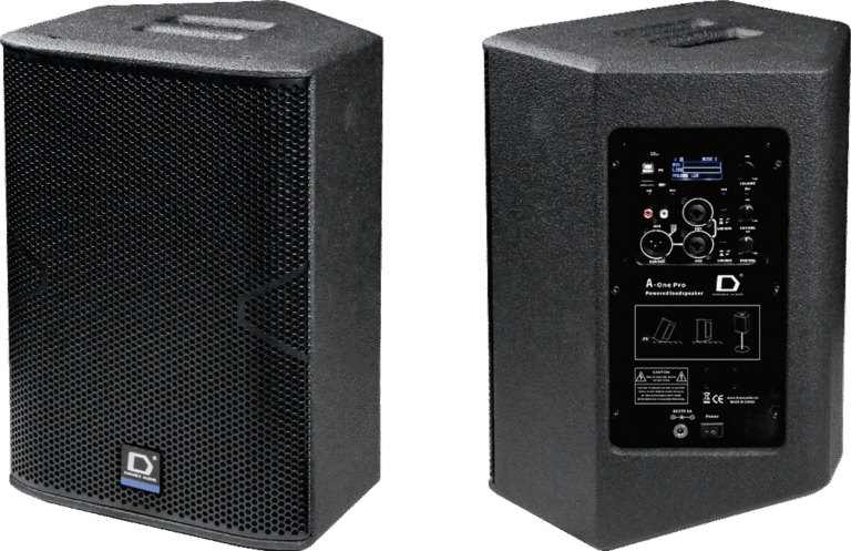 ront and back view of a Digmex Audio DMX A-One-Pro powered loudspeaker. The front features a black metal grille with a "D" logo, while the back shows a built-in digital mixer, LCD screen, and various audio input/output ports.