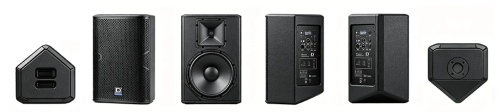 front and back view of a Digmex Audio DMX A-One-Pro powered loudspeaker. The front features a black metal grille with a "D" logo, while the back shows a built-in digital mixer, LCD screen, and various audio input/output ports.